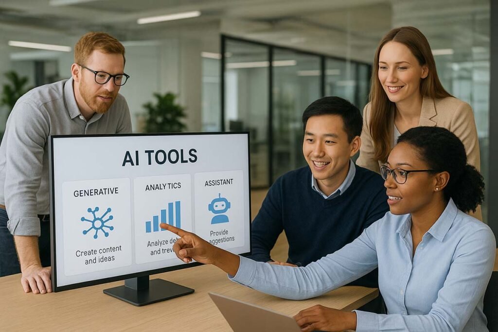Small business workers training and collaborating with AI tools
